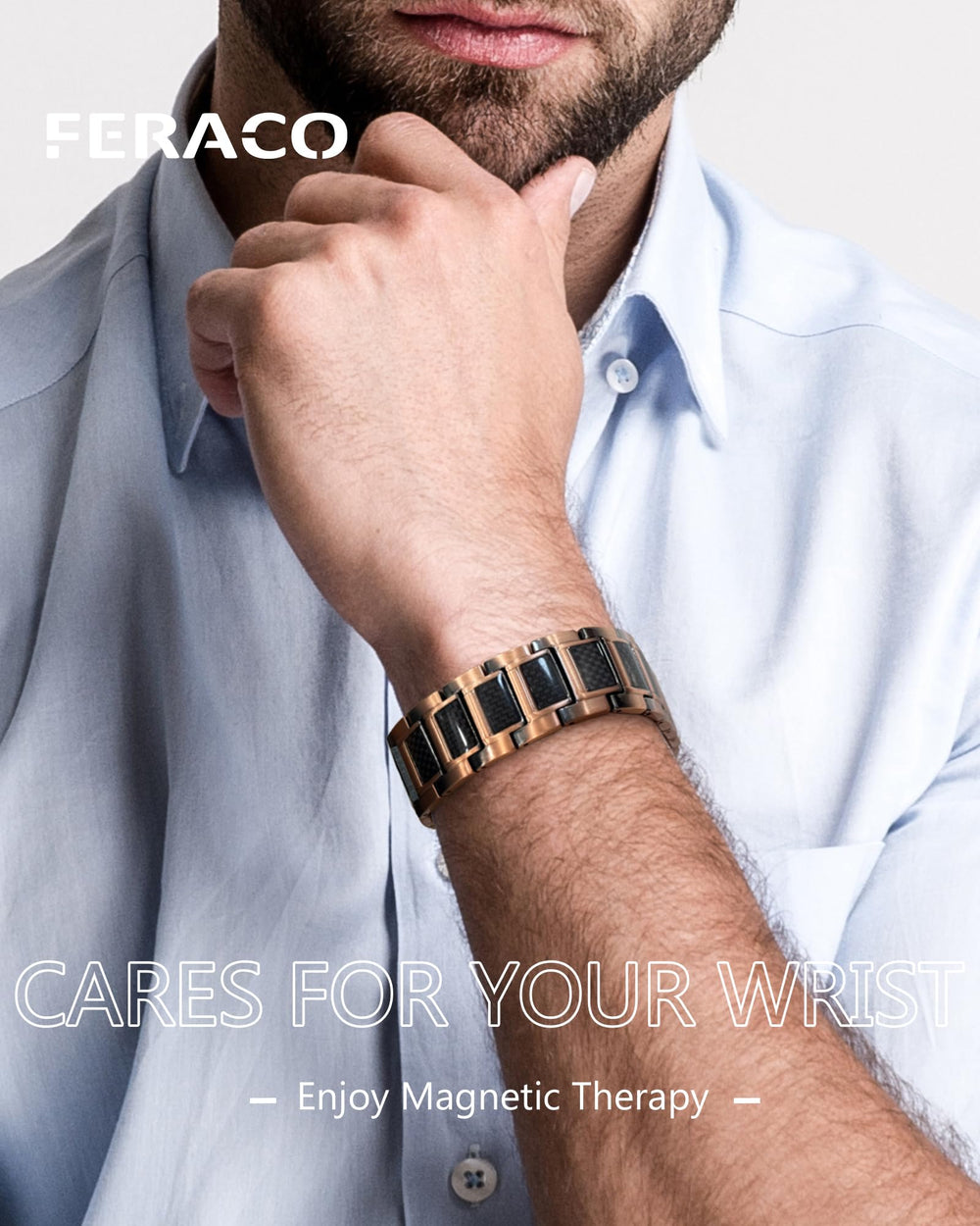 Feraco 3X strength copper bracelet on wrist highlighting adjustable size feature