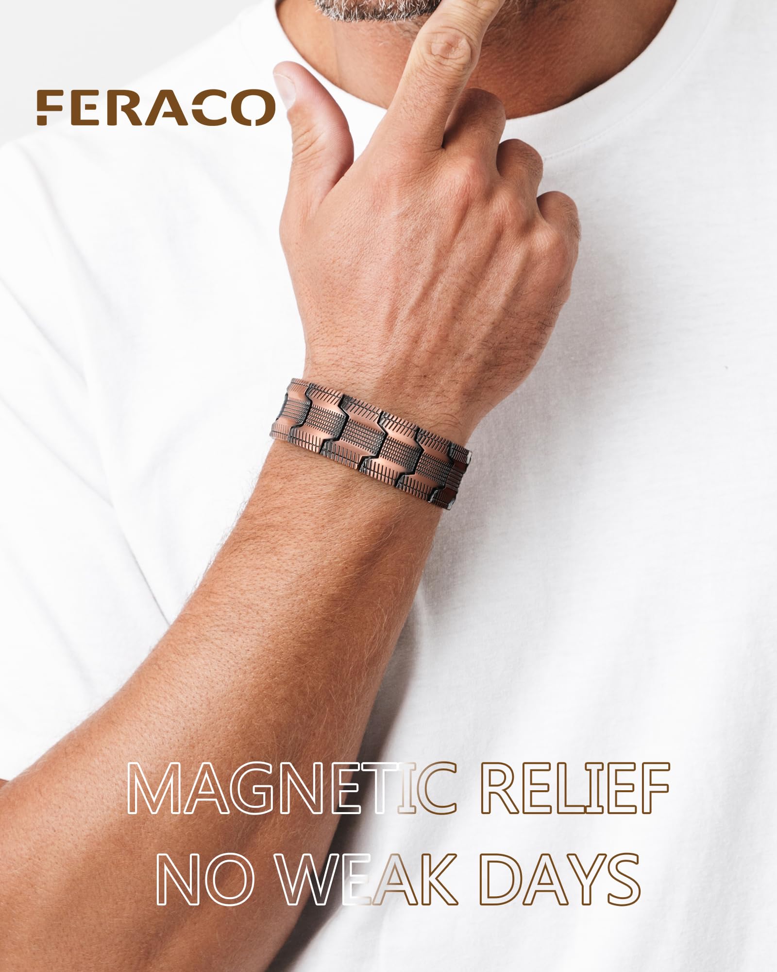 Feraco copper bracelet close-up shows magnets and 3800 Gauss design.