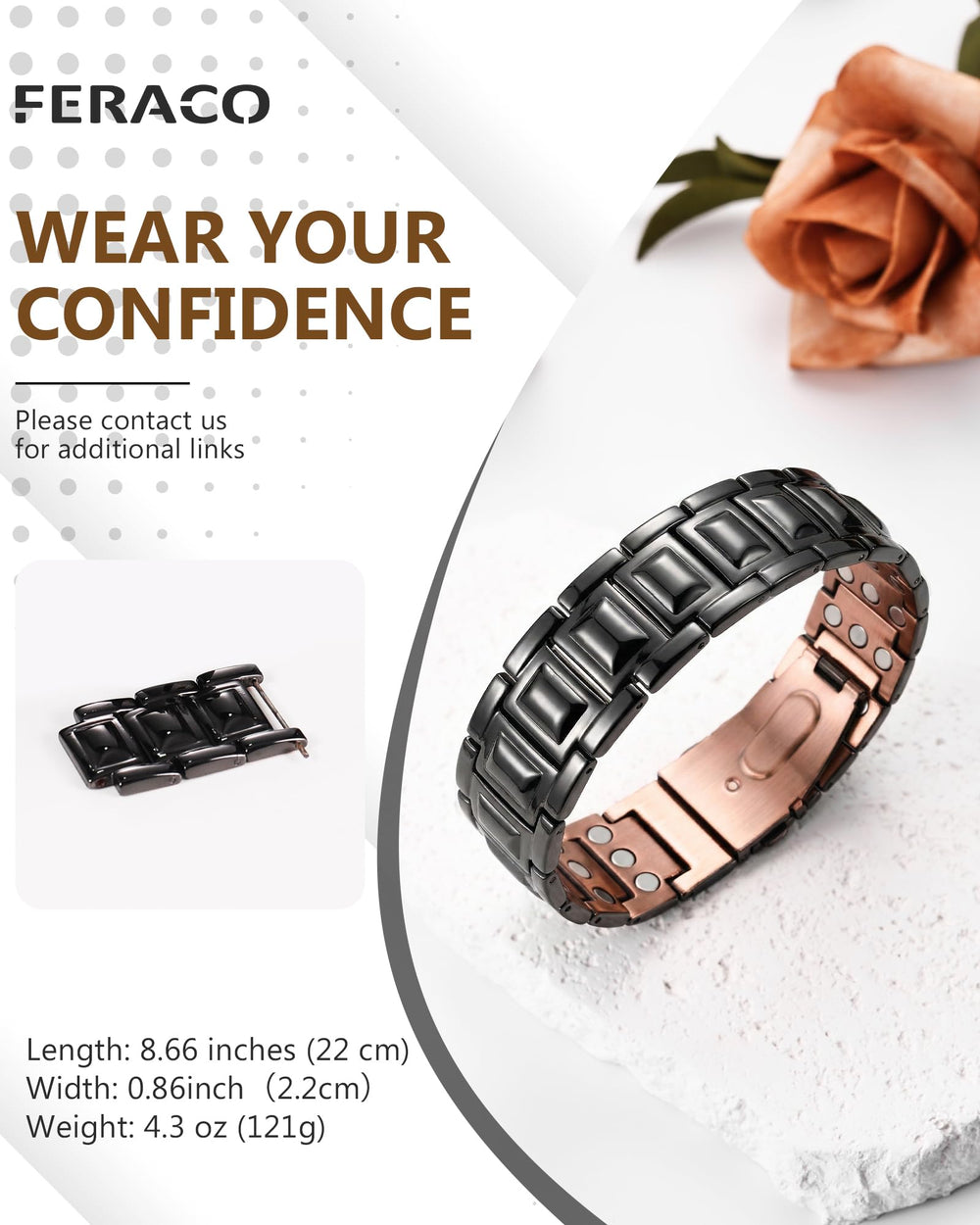 Feraco adjustable-size copper bracelet with link removal tool for a perfect fit.