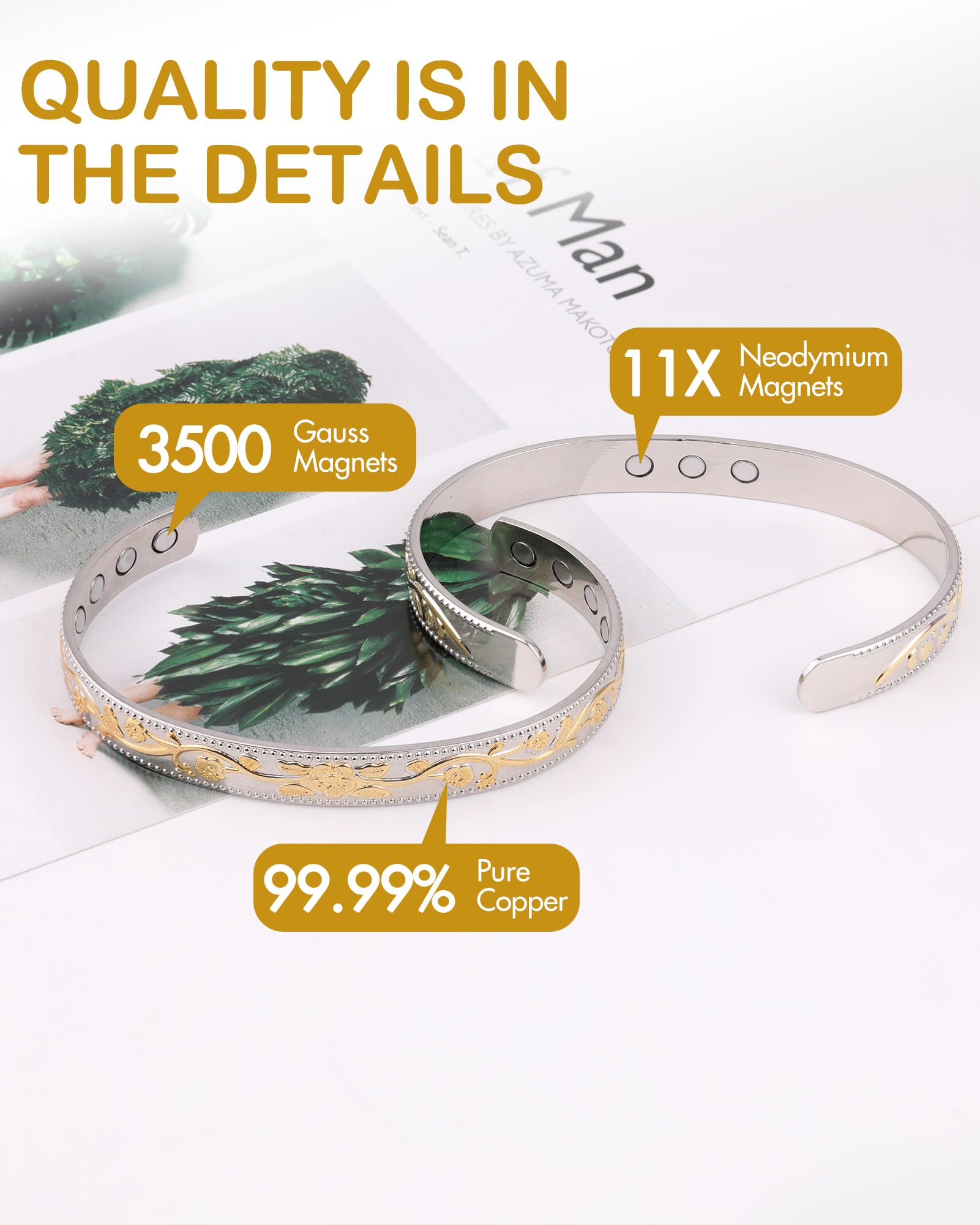 Feraco copper bracelet with flower-pattern design for versatile outfits