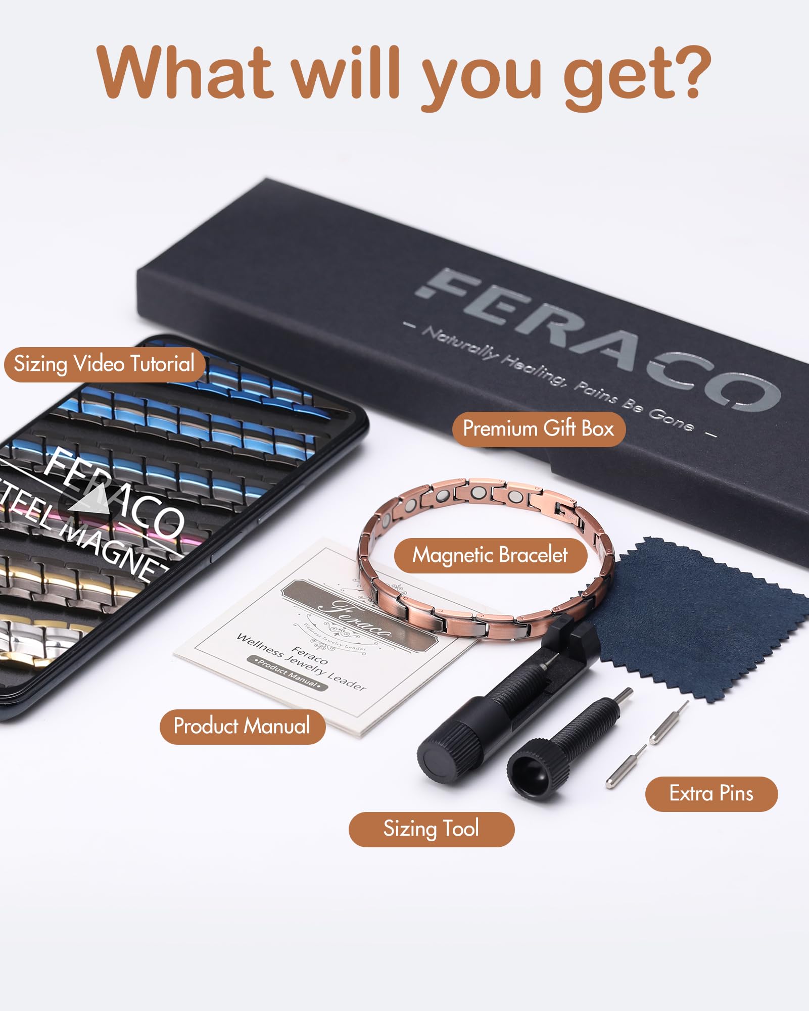 Feraco copper bracelet gift box packaging indicates ready-to-gift presentation.