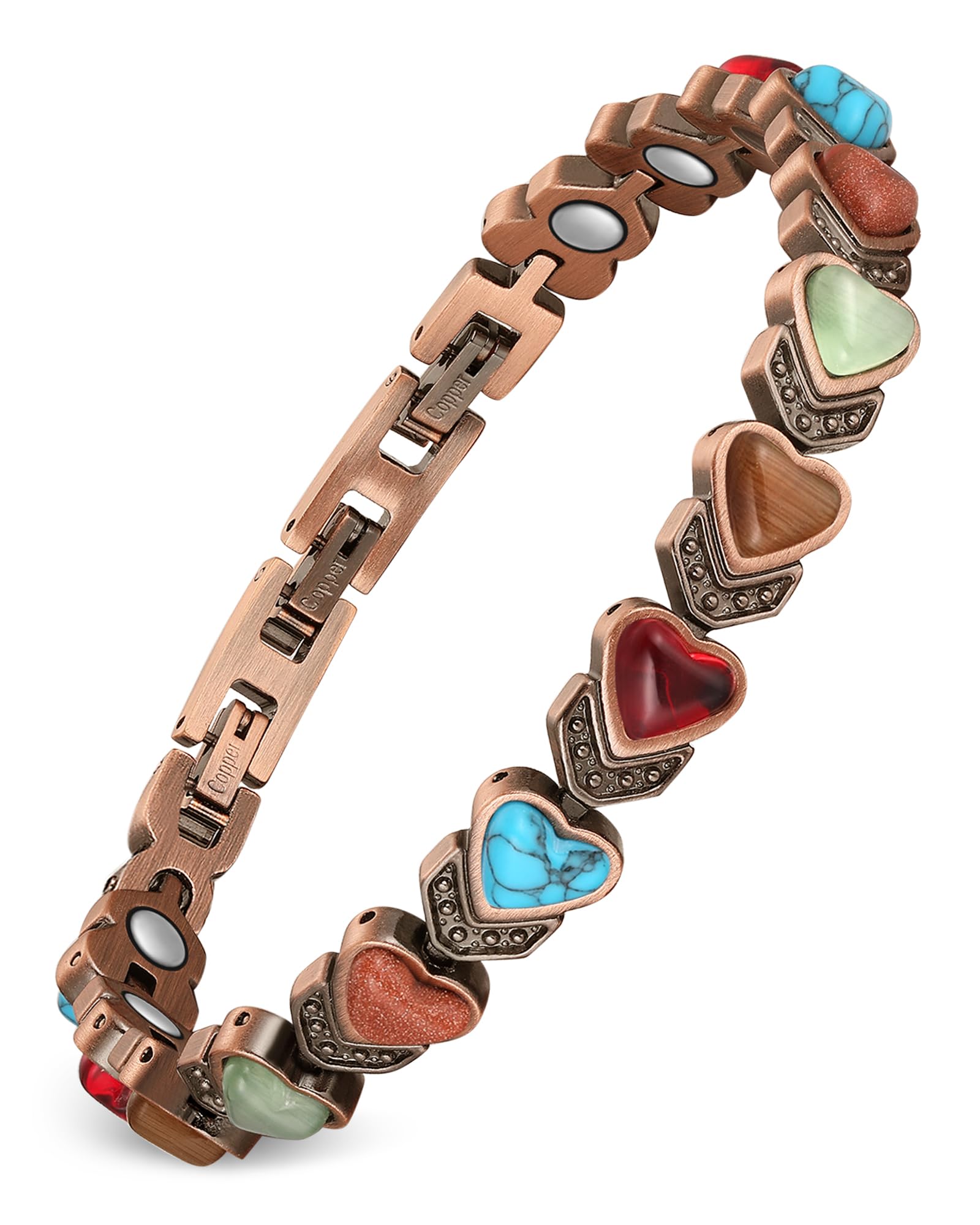 Feraco copper bracelet close-up with heart turquoise gem for everyday elegance.