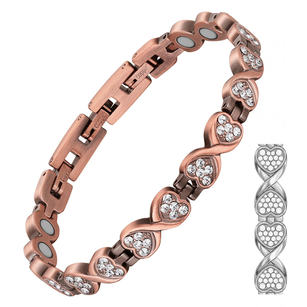 Feraco copper bracelet Infinite Symbol close-up with zirconia sparkle for daily elegance.