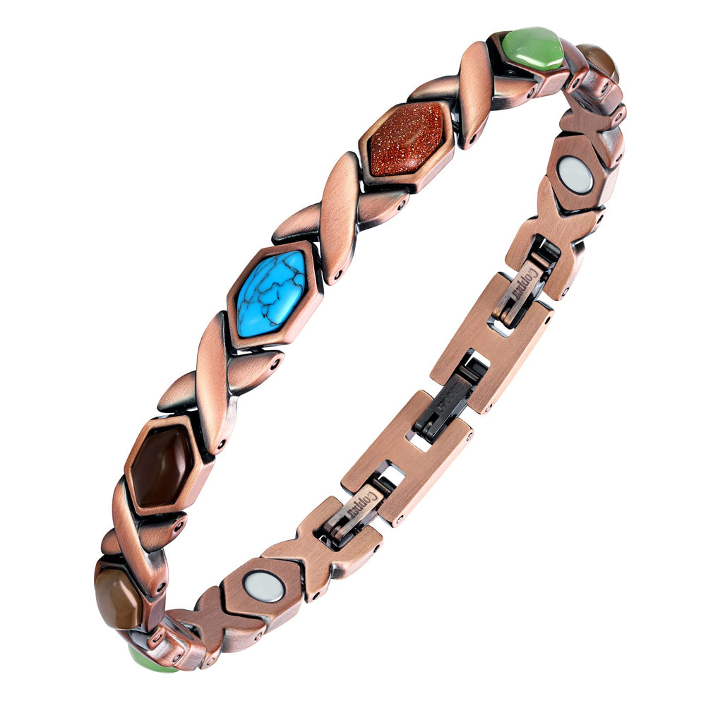 Feraco copper bracelet with infinity design and turquoise detail for versatile daily style.