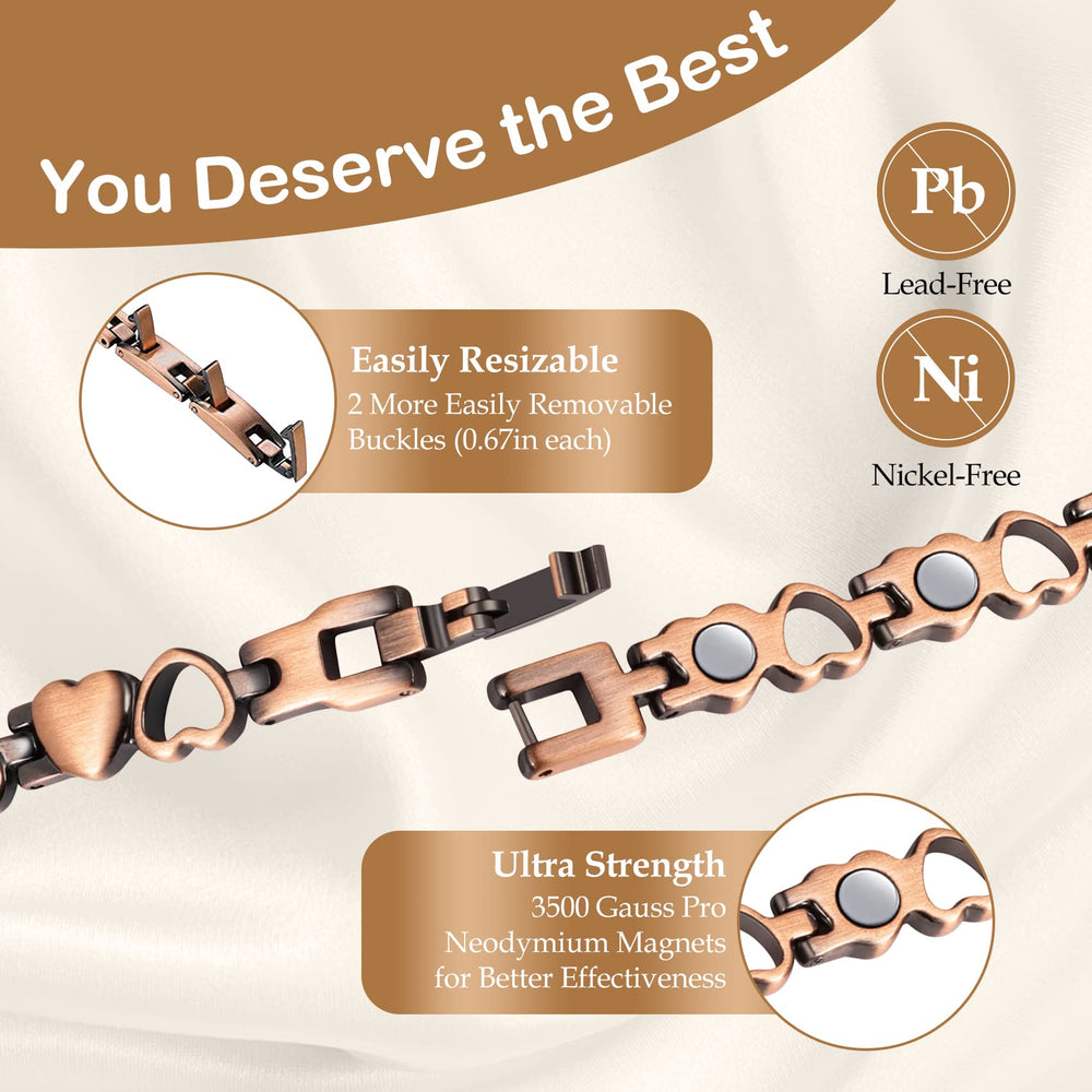 Feraco copper bracelet with inner magnets near the wrist for potential contact.