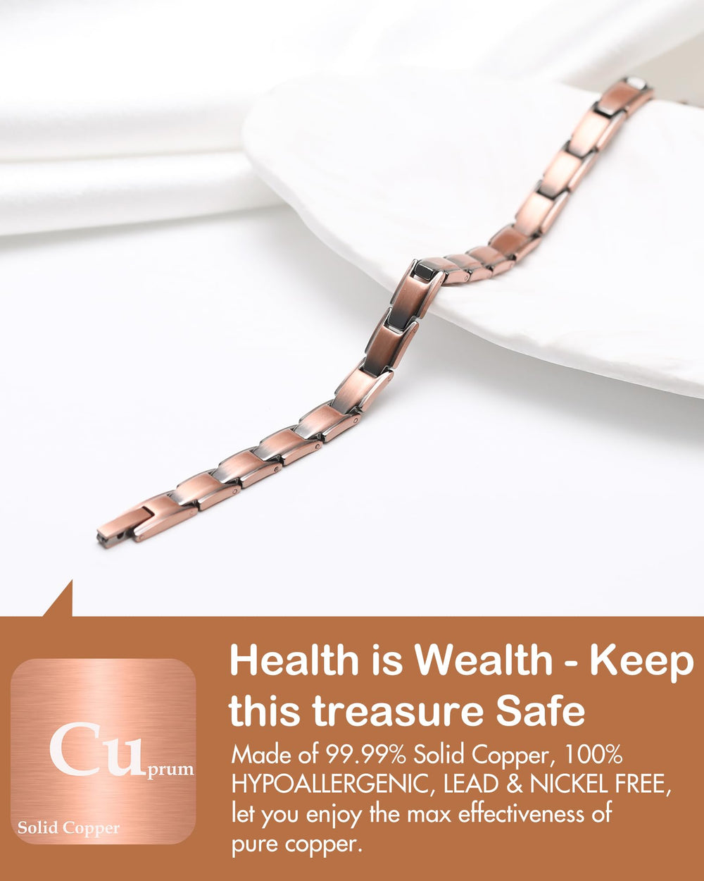 Feraco copper bracelet lacquer finish detail shows oxidation resistance and scratch protection.