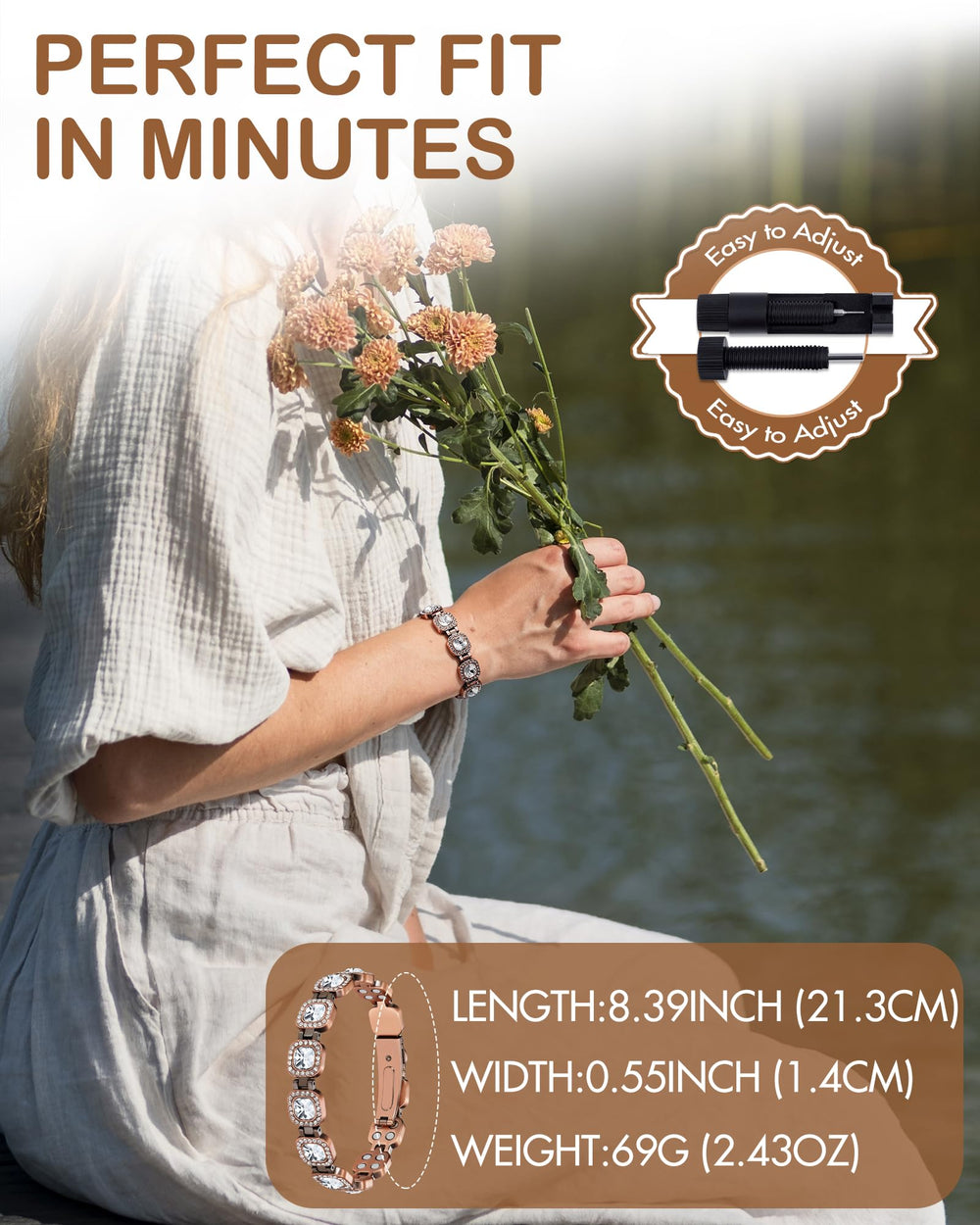 Feraco bracelet length 22 cm shown, comfortable daily wear.