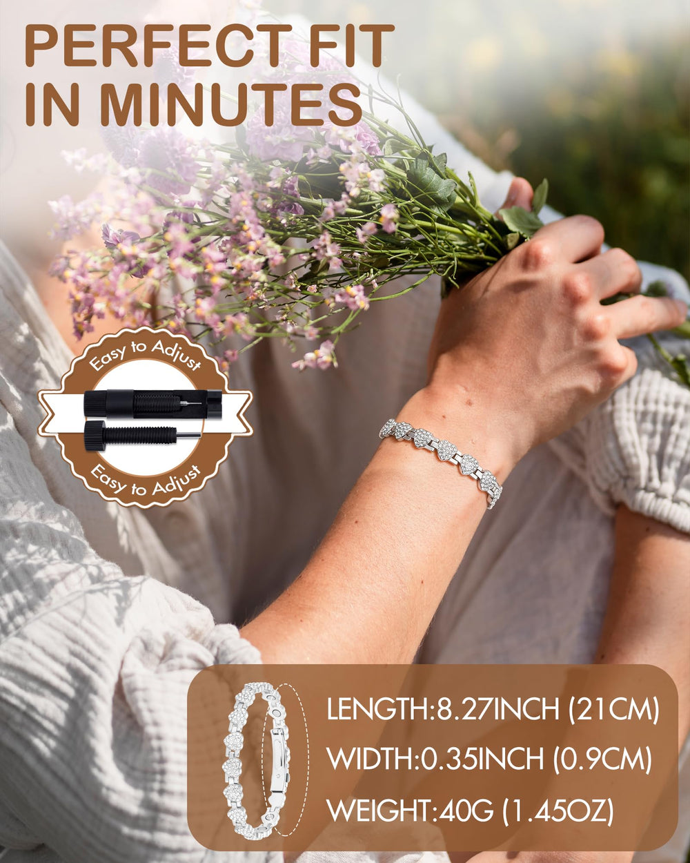 Feraco copper bracelet measures 8.27 inches with sizing tool for easy adjustment