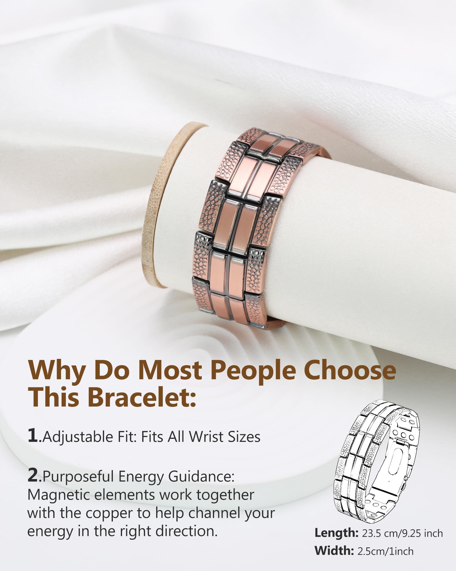 Feraco copper bracelet magnets close up reveals 57 magnets at 3800 Gauss