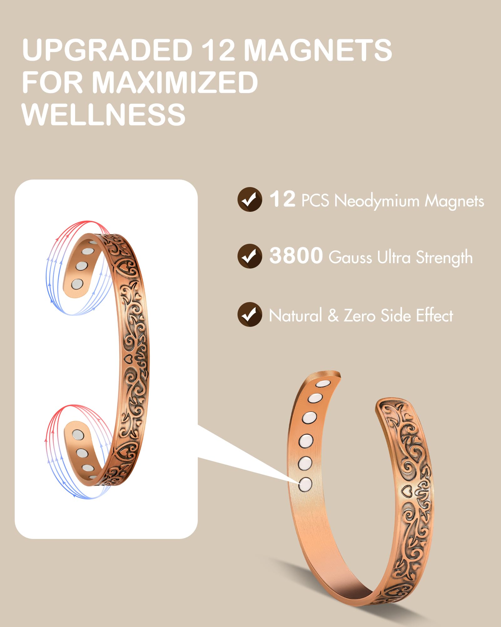 Feraco copper bracelet magnets close-up reveals eight magnets for strong performance.