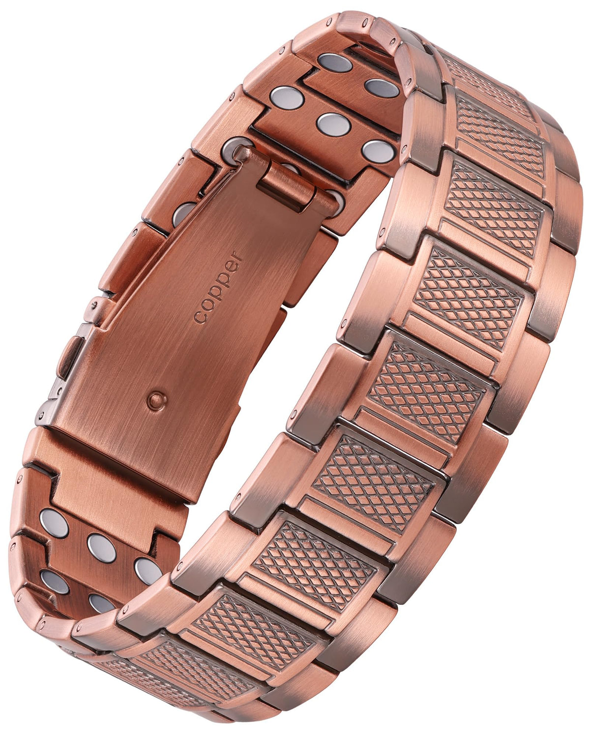 Feraco copper bracelet for men close-up showing geometric pattern and durable finish for daily wear.