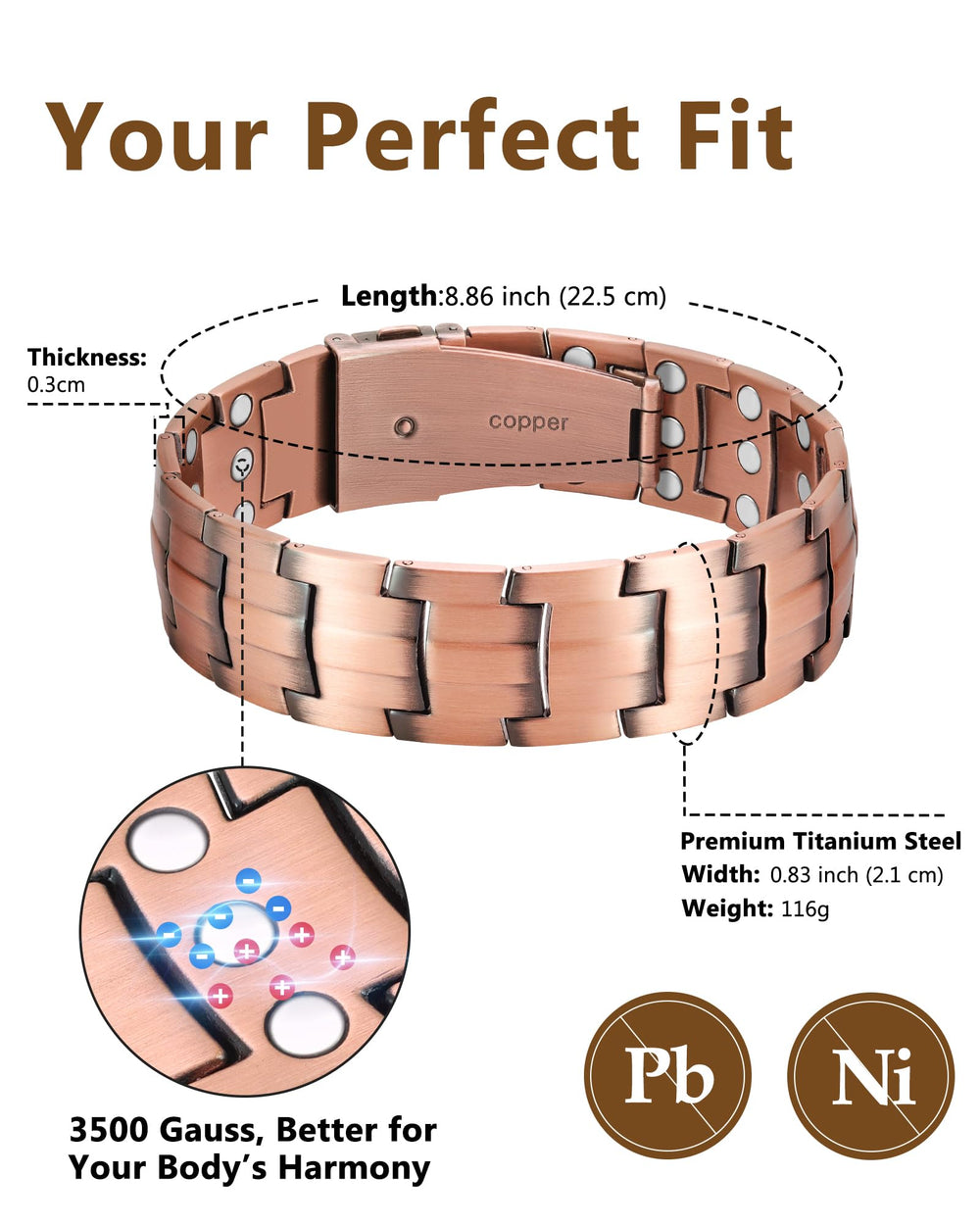 Feraco copper bracelet design detail showcasing classic pattern and magnetic integration