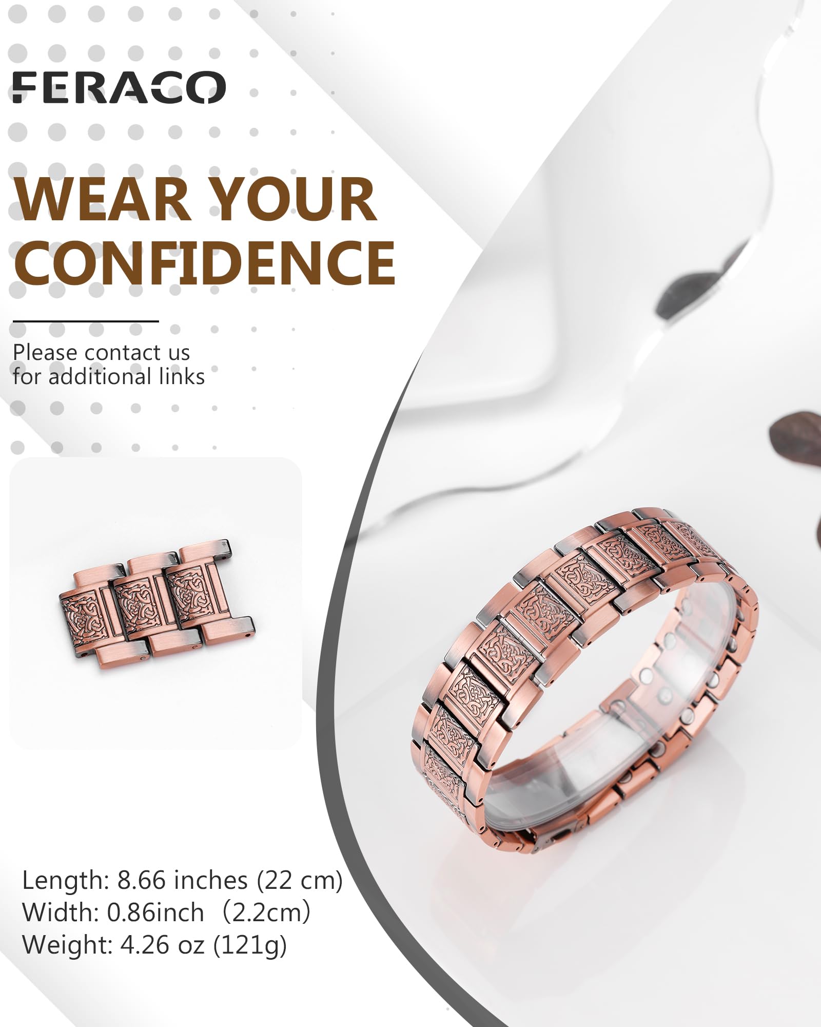 Feraco bracelet dimensions show 22 cm length and 121 g weight.