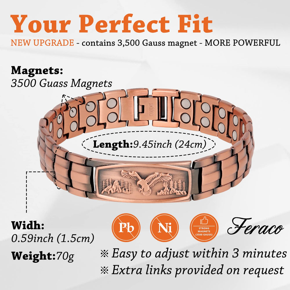 Feraco copper bracelet close-up shows eagle pattern and textured copper for premium appeal.