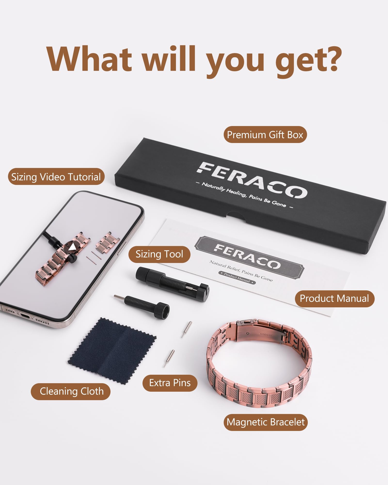 Feraco copper bracelet for men product box on display signifying giftable packaging.