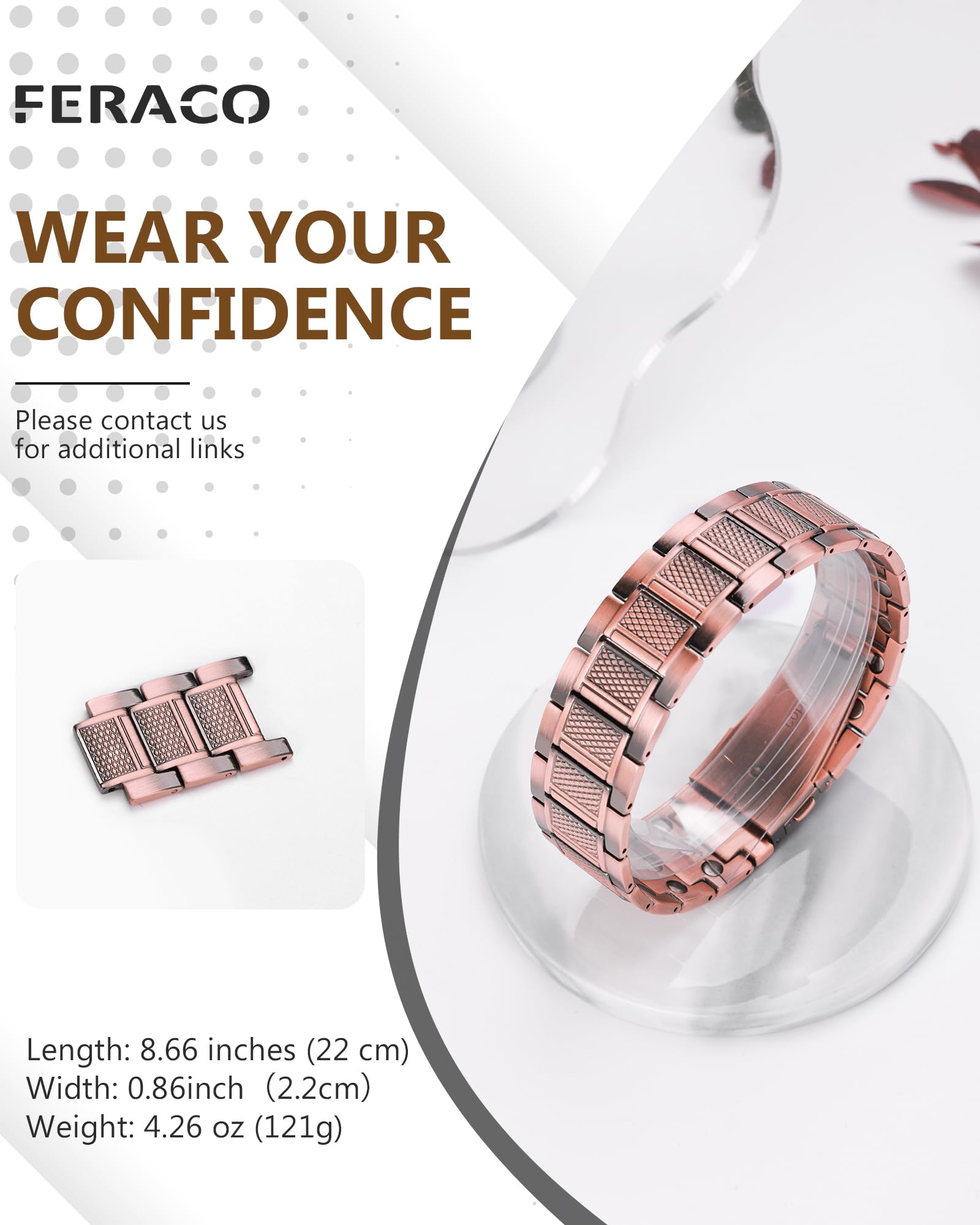 Feraco copper bracelet for men on-arm lifestyle shot illustrating versatility with casual and formal outfits.