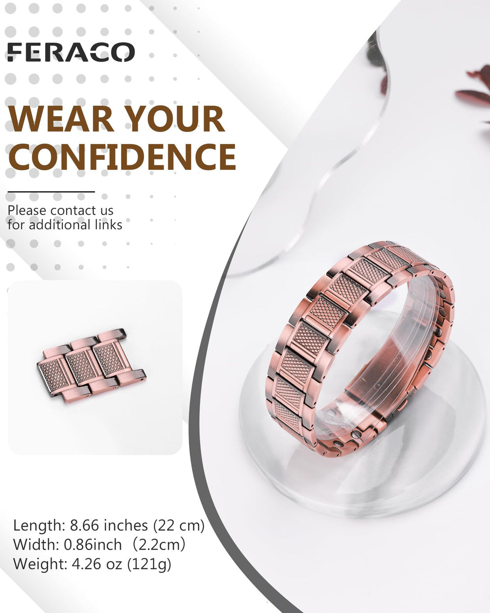 Feraco copper bracelet for men on-arm lifestyle shot illustrating versatility with casual and formal outfits.
