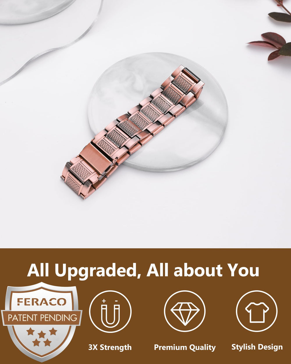 Feraco copper bracelet for men texture detail in macro shot showcasing craftsmanship.