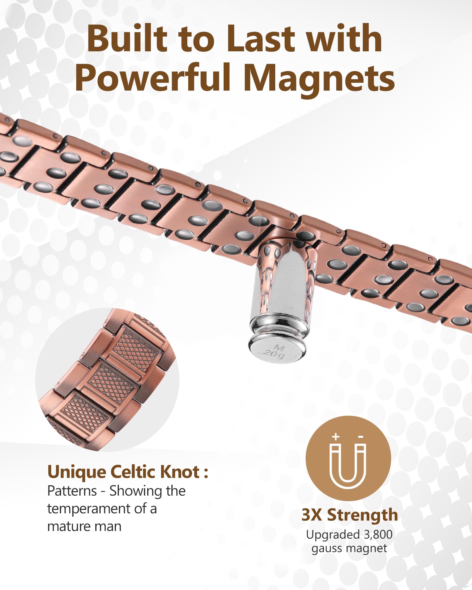Feraco copper bracelet for men on-arm view demonstrating adjustable sizing tool for a precise fit.