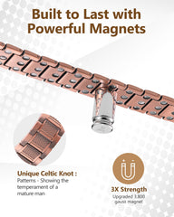 Feraco copper bracelet for men on-arm view demonstrating adjustable sizing tool for a precise fit.