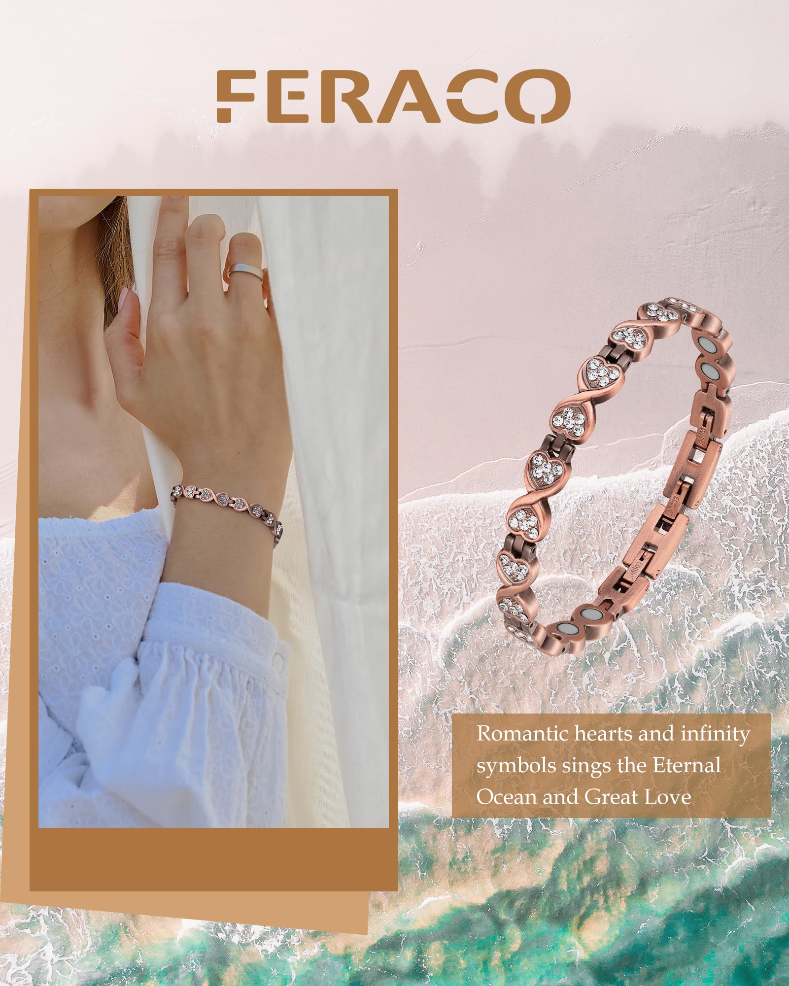 Feraco copper bracelet on wrist adjustable fit for comfortable daily use.