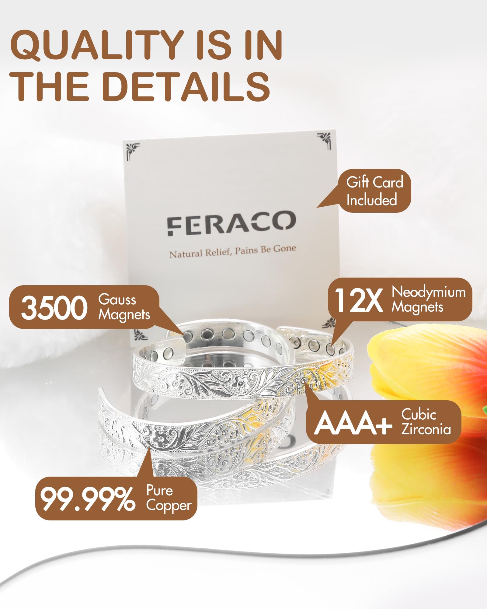 Feraco copper bracelet on wrist offers daytime elegance