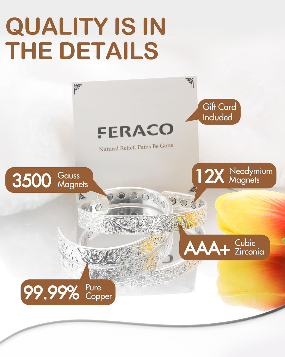 Feraco copper bracelet on wrist offers daytime elegance