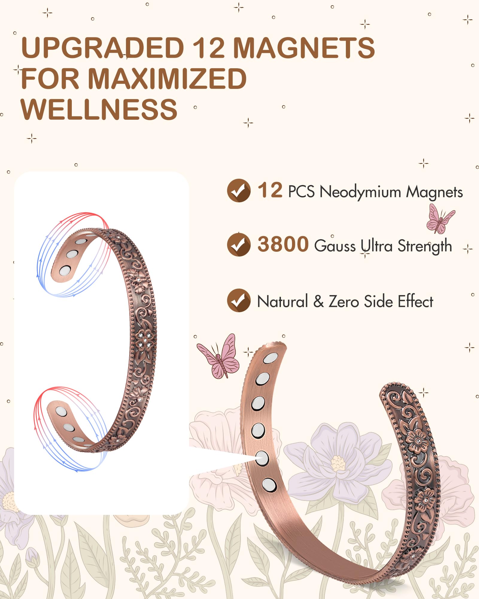Feraco copper bracelet with open closure for adjustable wrist fit