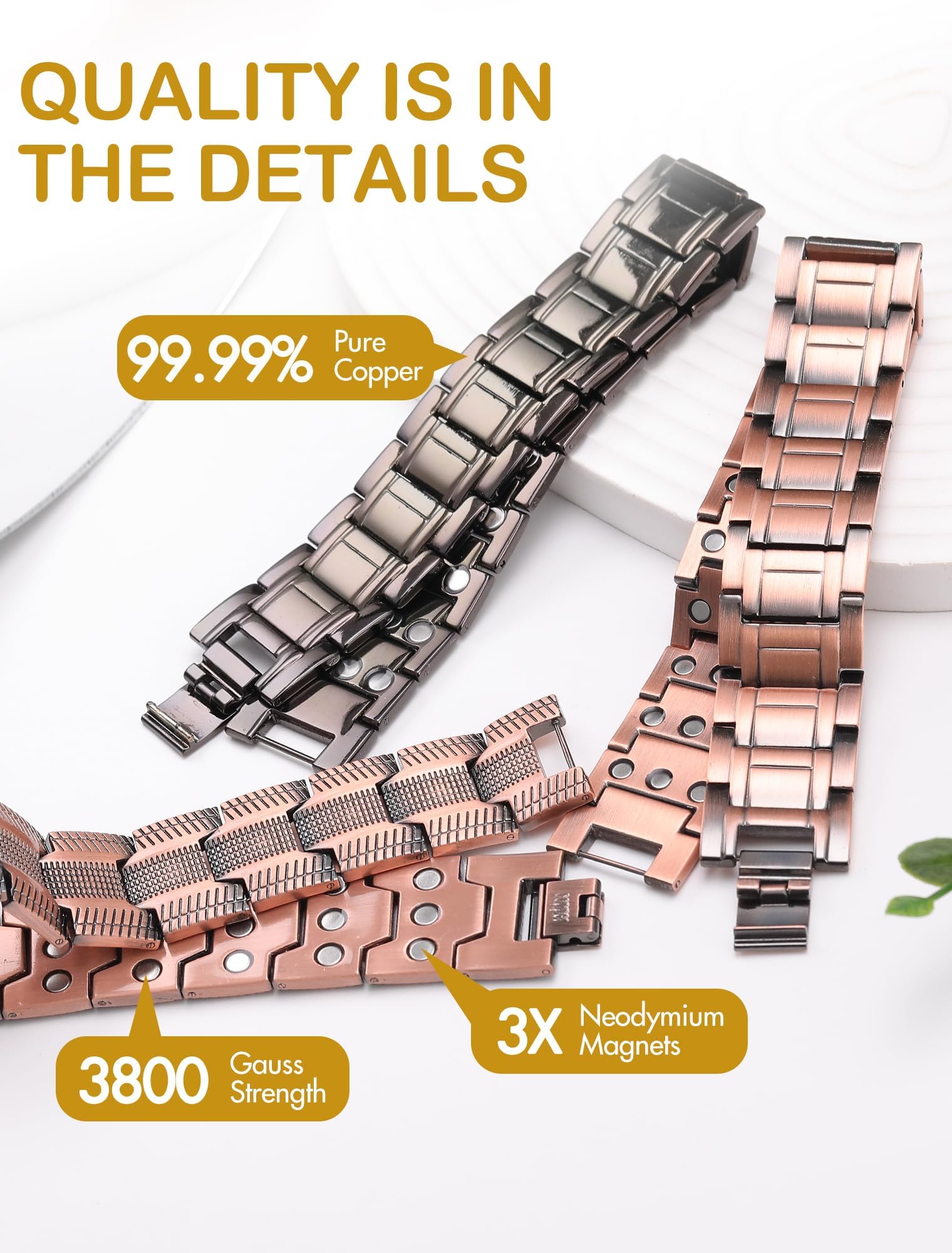Feraco copper bracelet oxidation-resistant surface highlighting durability.