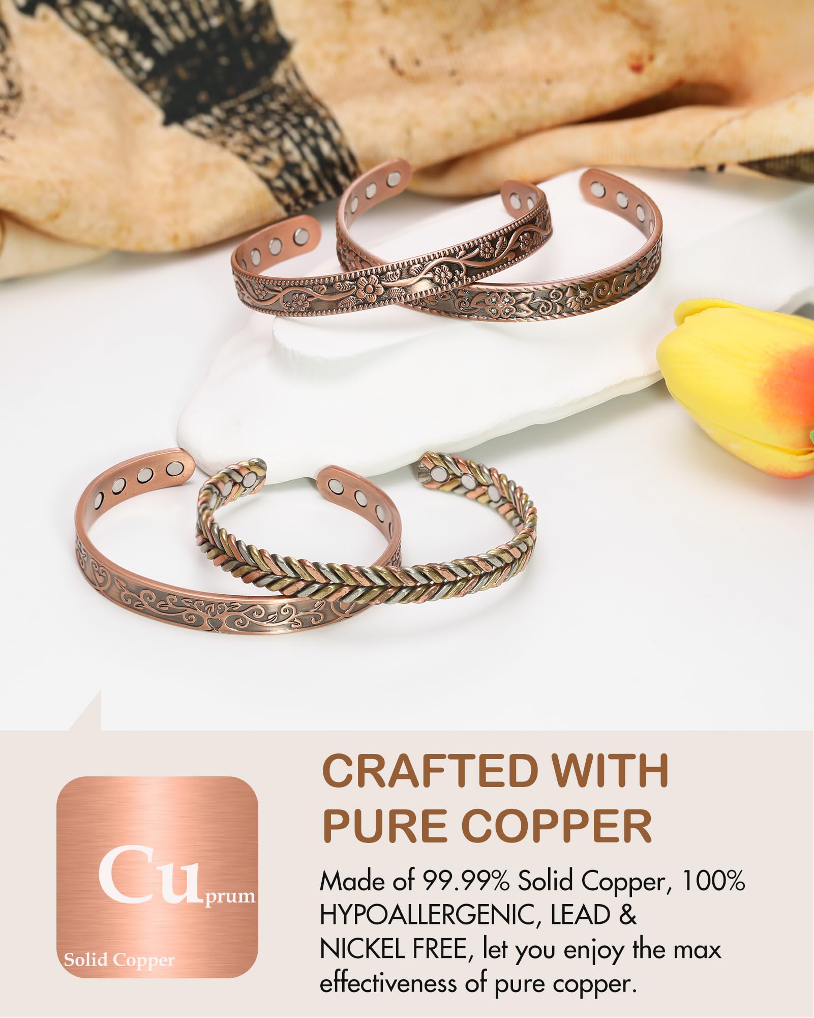 Feraco copper bracelet plum blossom pattern close-up texture
