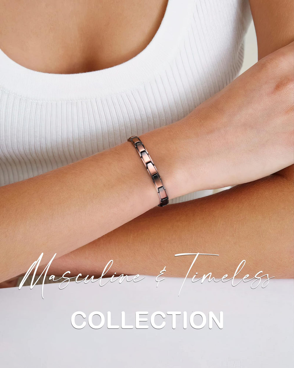 Feraco copper bracelet sleek silhouette on wrist suits casual and dressy looks.