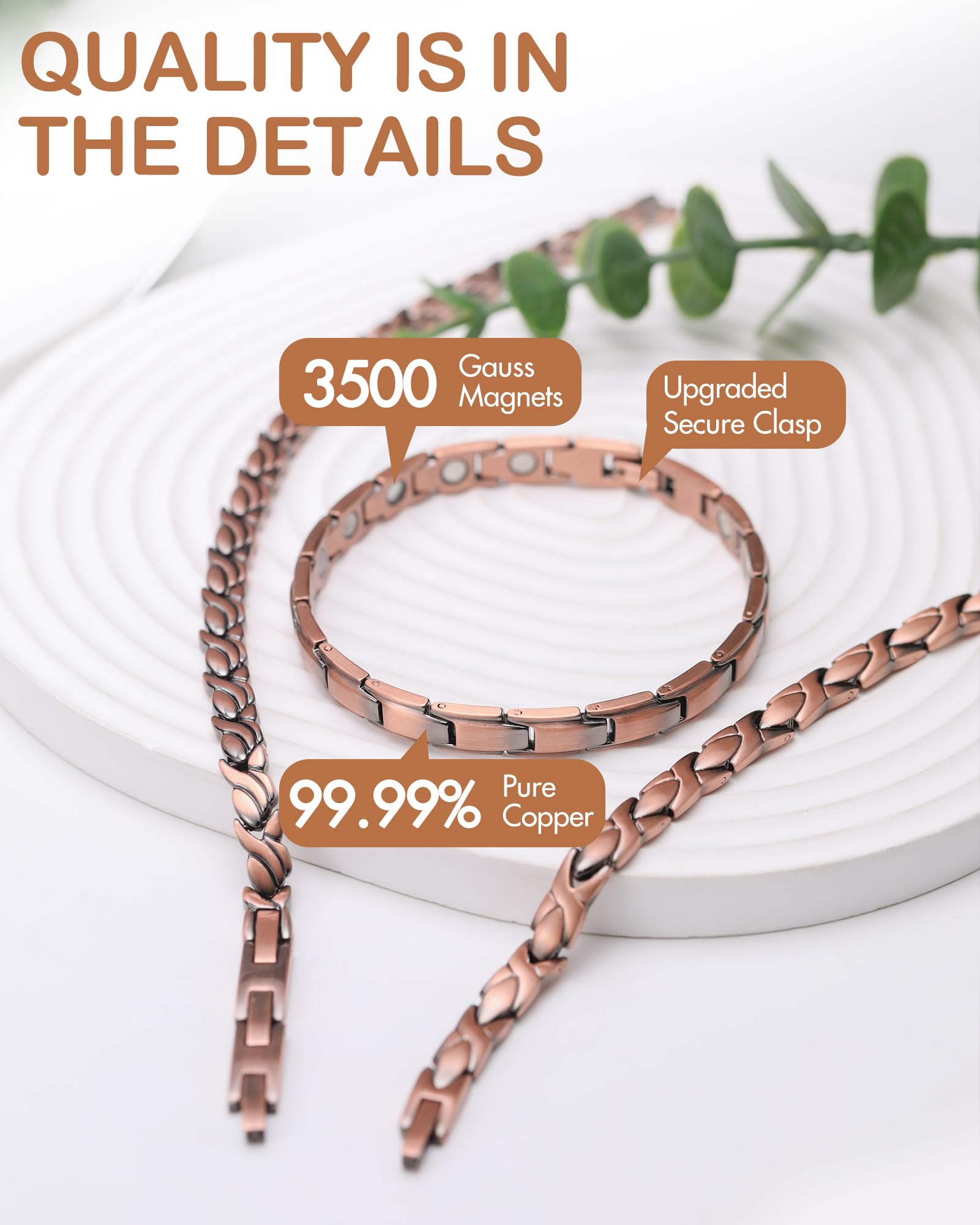 Feraco thin-link copper bracelet worn with watch demonstrates versatile, lightweight style.