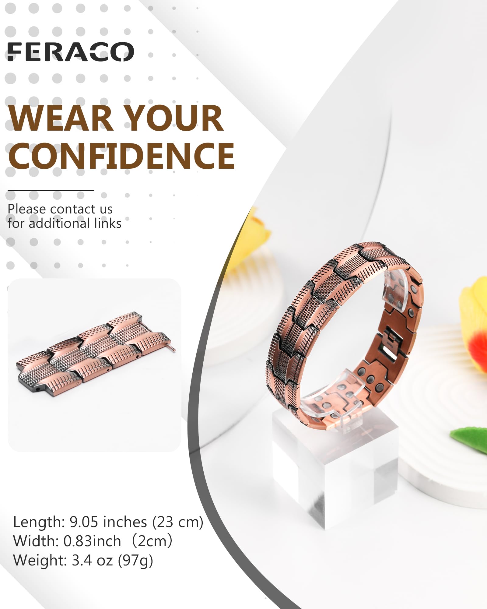 Feraco copper bracelet close-up focusing on Tyre pattern detail.