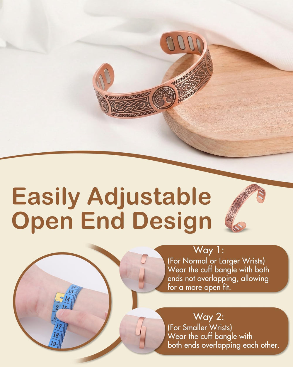 Feraco copper bracelet complements casual and formal outfits.