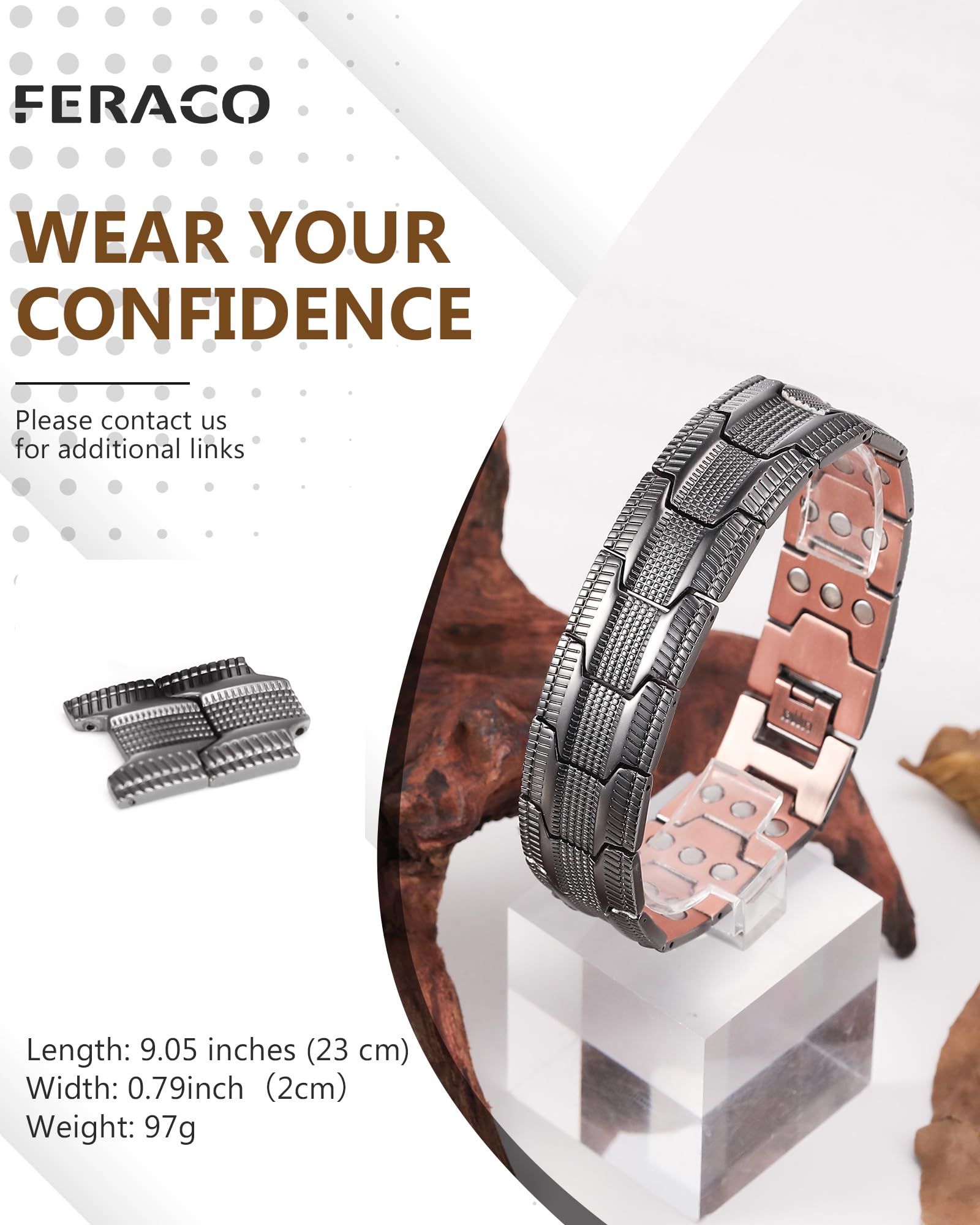 Feraco bracelet weighs 121 g for substantial, quality feel