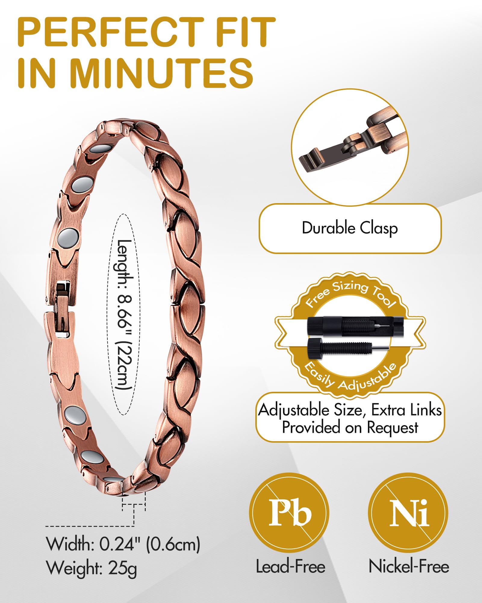 Slim 0.7 cm width of Feraco copper bracelet for a sleek look.
