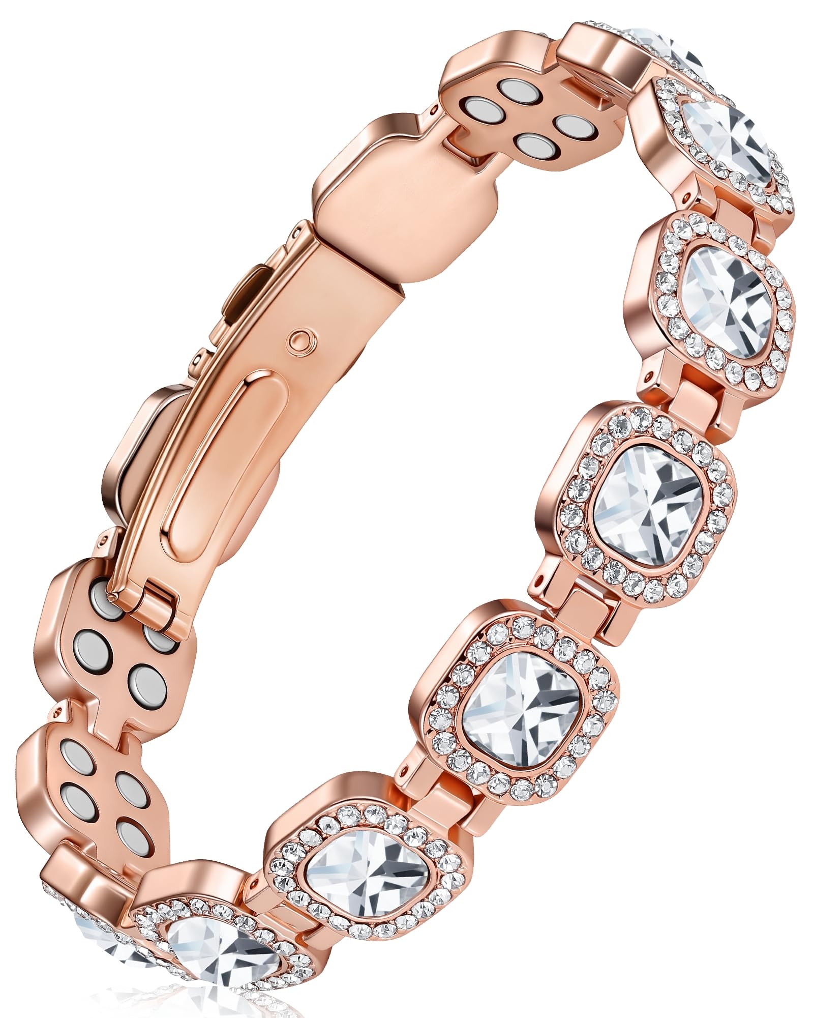 Feraco copper bracelet for women close-up on Austrian crystals and sparkle.