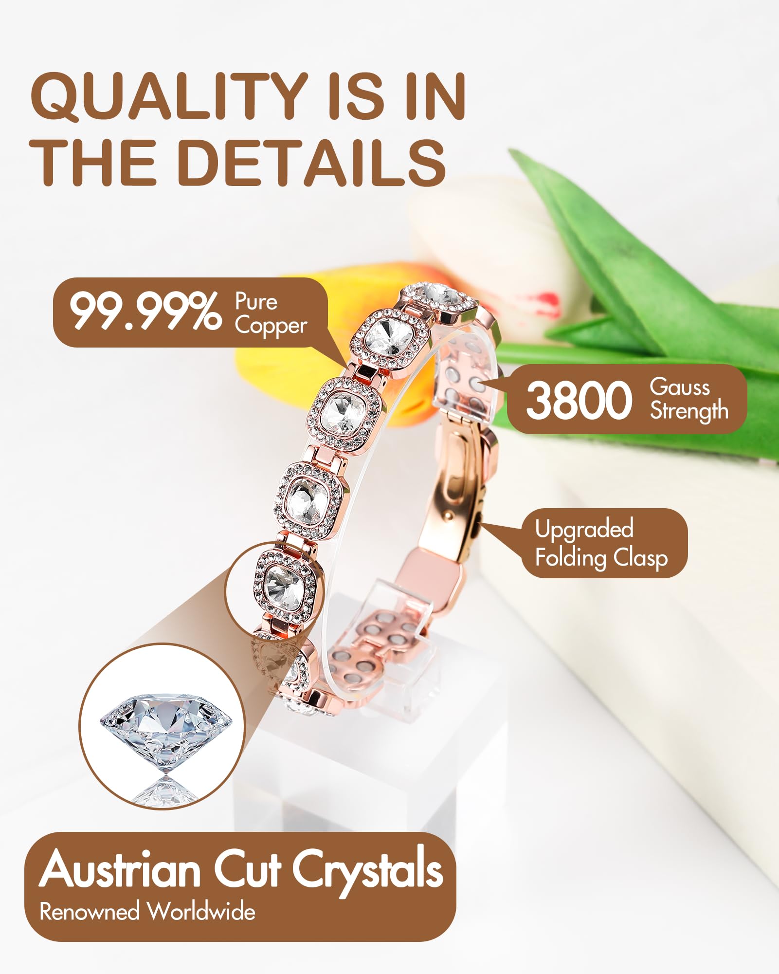 Feraco folding clasp on copper bracelet for easy on/off and secure wear.