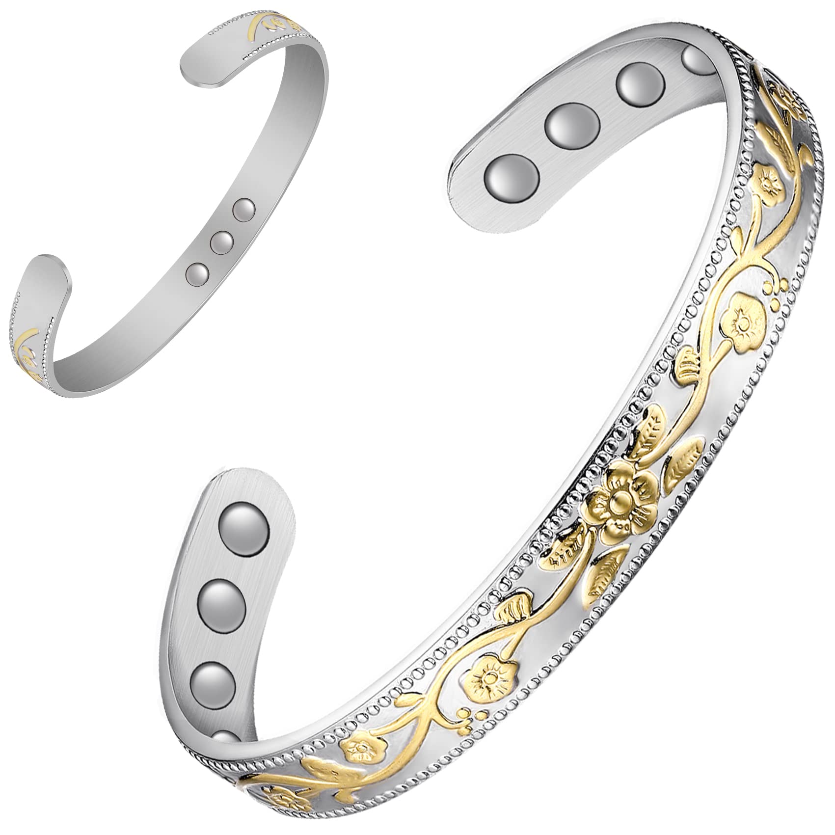 Feraco copper bracelet close-up in silver showing craftsmanship and magnetic design for daily wear