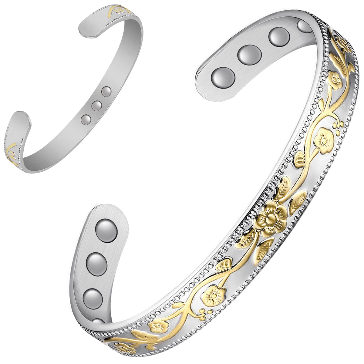 Feraco copper bracelet close-up in silver showing craftsmanship and magnetic design for daily wear