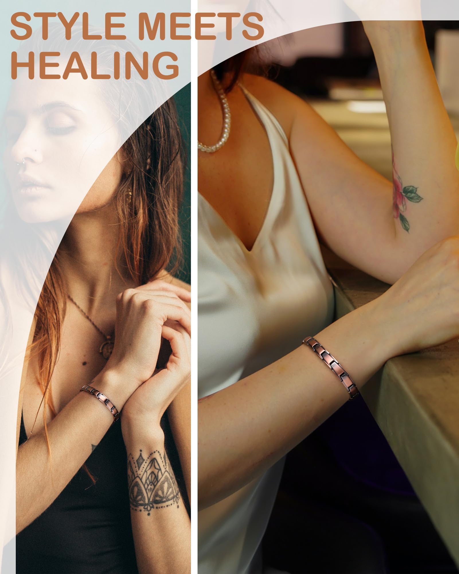 Feraco copper bracelet with a watch on wrist shows everyday elegance and compatibility.