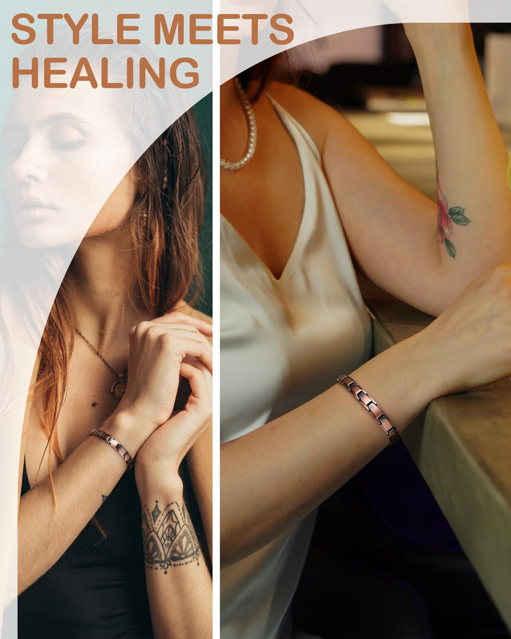 Feraco copper bracelet with a watch on wrist shows everyday elegance and compatibility.