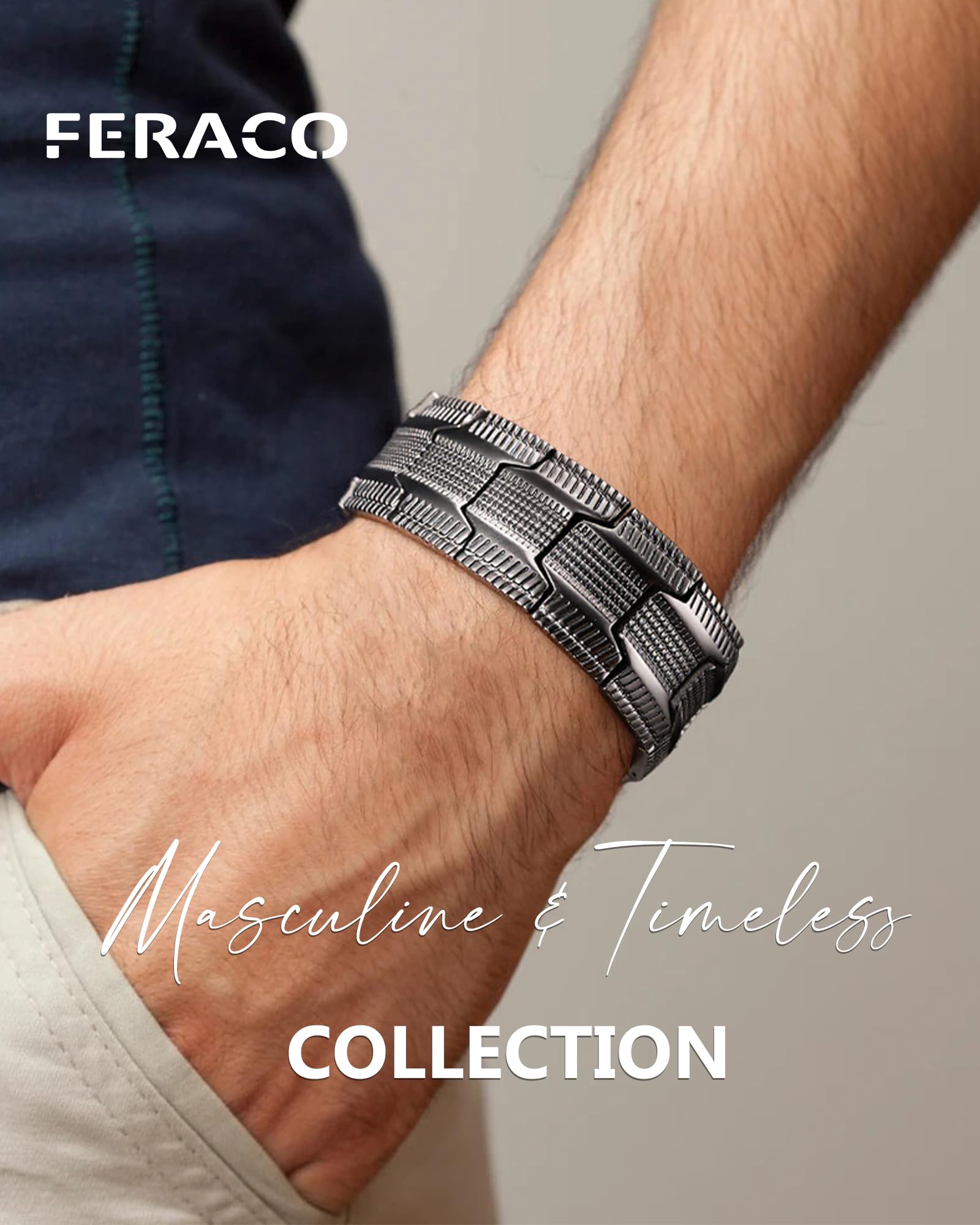 Feraco bracelet on wrist demonstrates adjustable length for comfort
