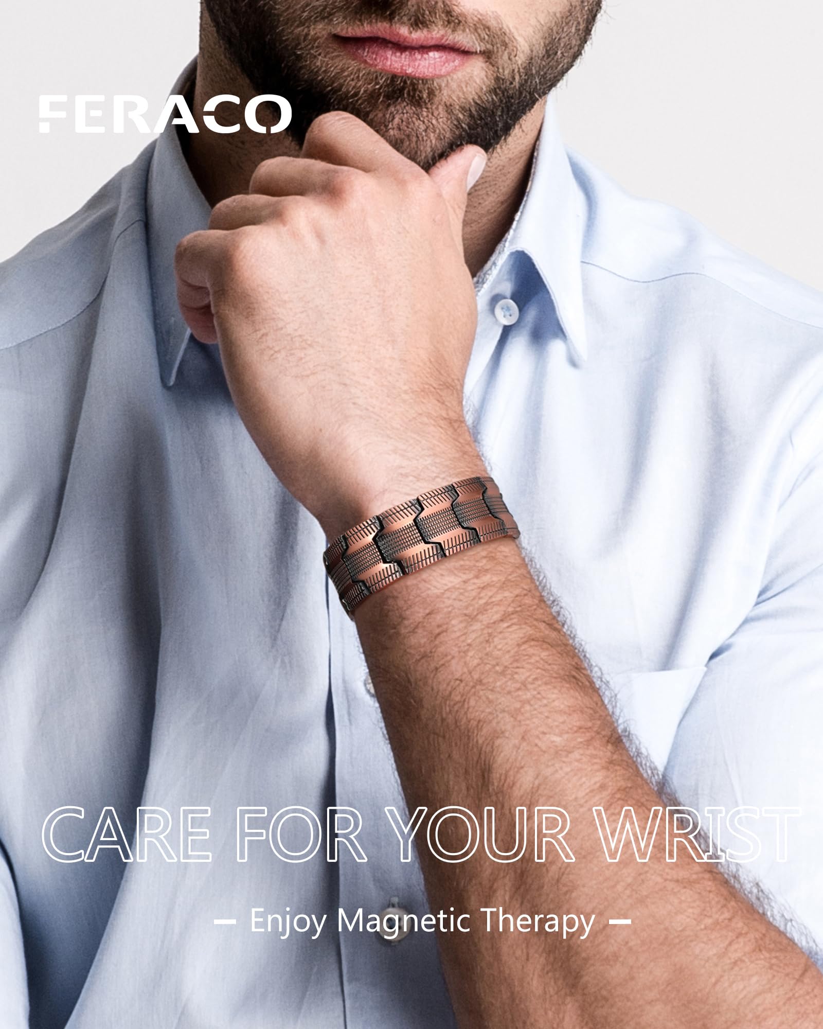 Feraco copper bracelet worn on wrist showing length and comfortable fit.