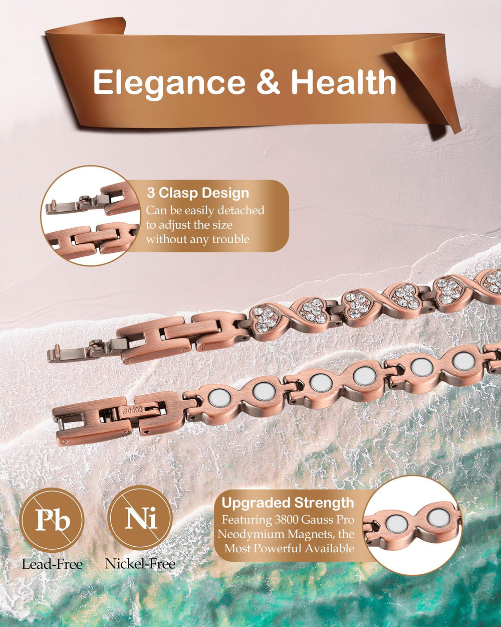 Feraco copper bracelet zirconia detail showcasing premium craftsmanship and refined shine.