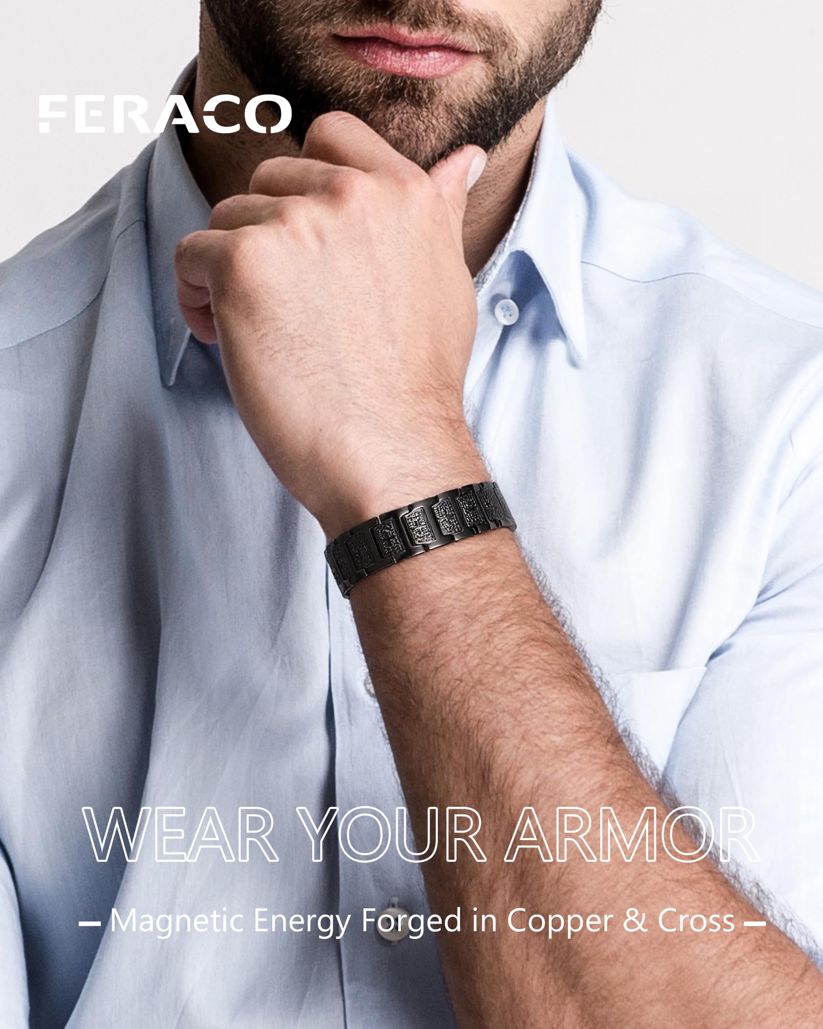 Feraco copper cross bracelet with black finish seen from the side.