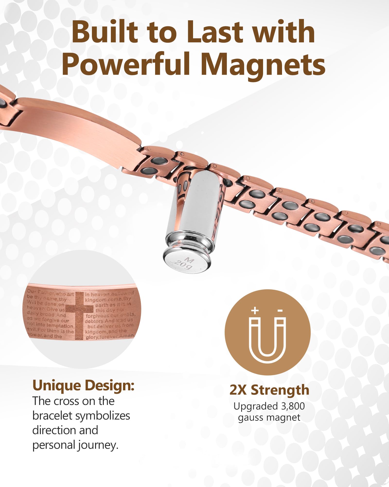 Feraco copper cross bracelet close-up of copper finish and magnet housing.