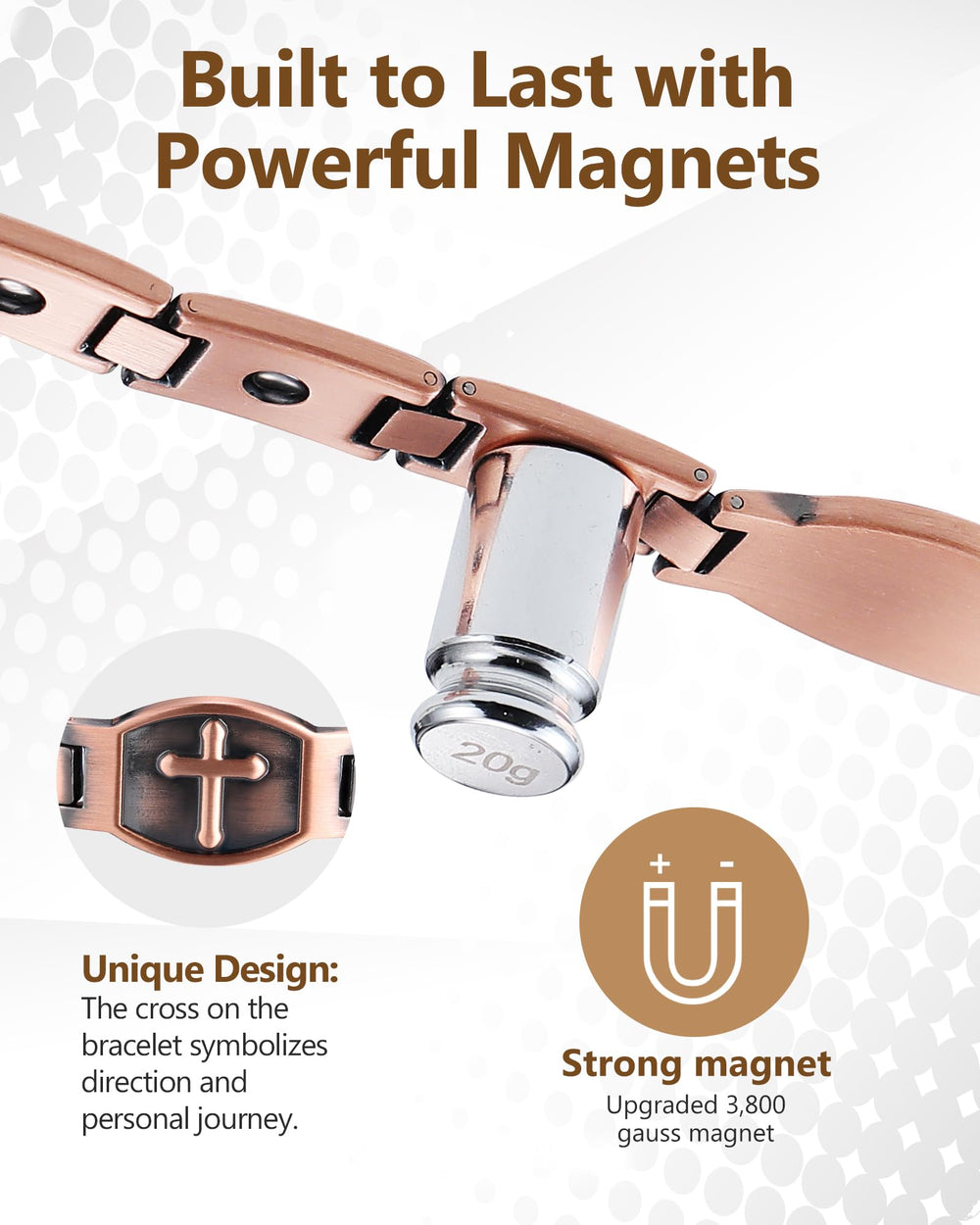 Feraco copper cross bracelet close-up clasp demonstrates precise construction and durability.