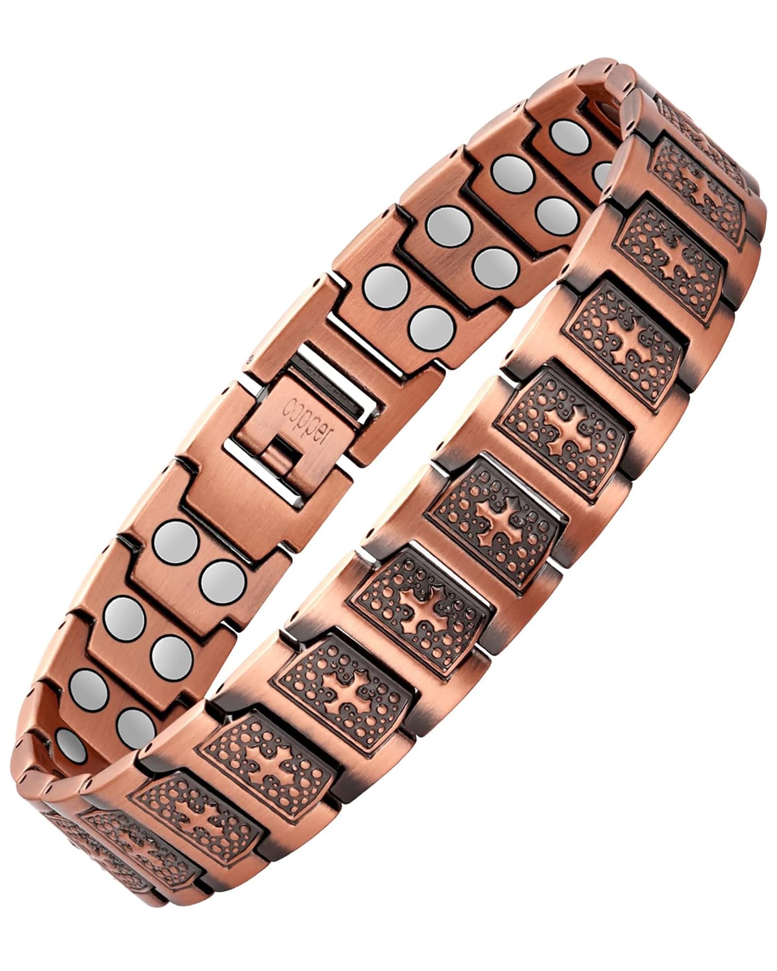 Feraco Copper Cross Bracelet close-up with cross design and magnetic system for balance
