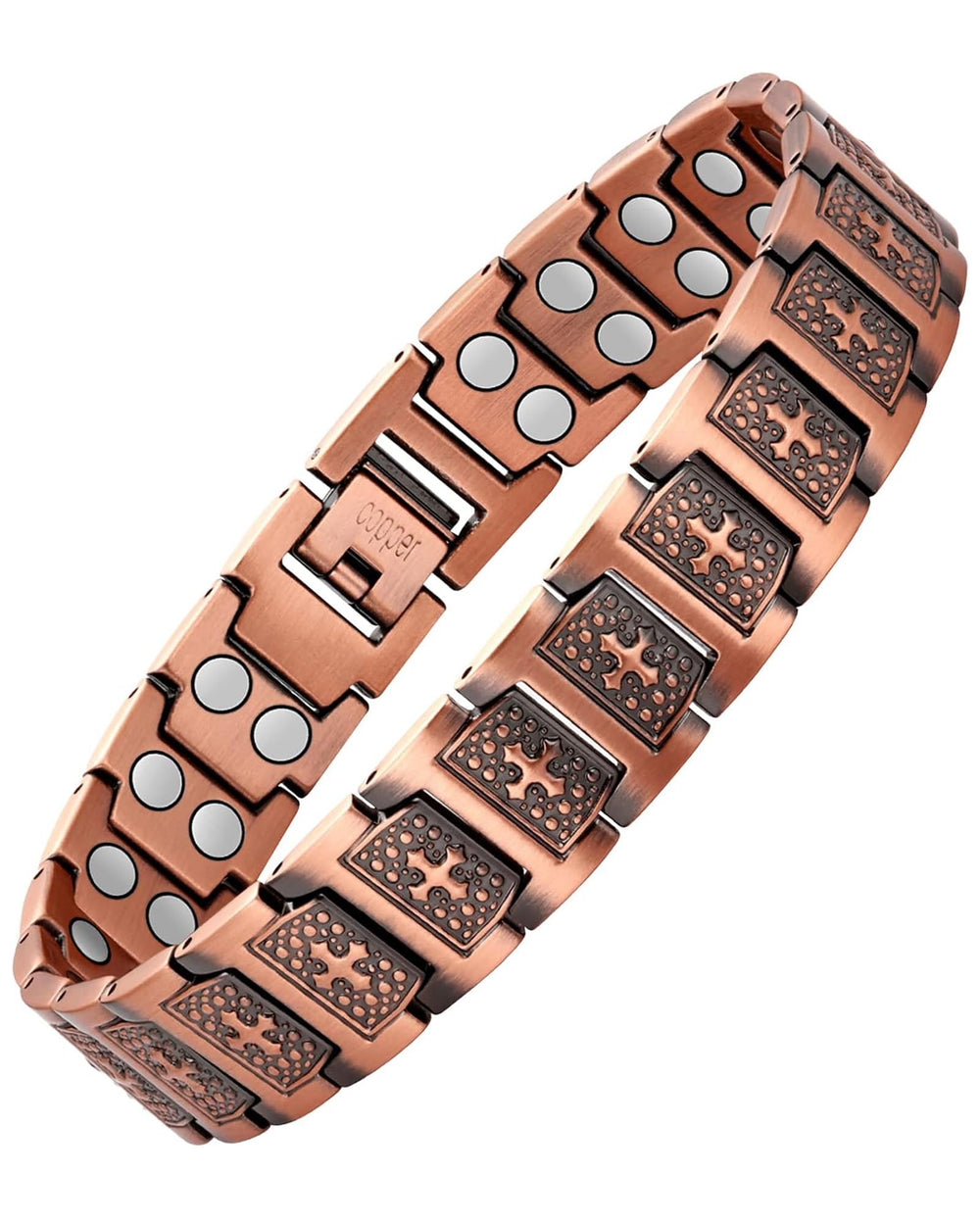 Feraco Copper Cross Bracelet close-up with cross design and magnetic system for balance